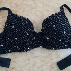 Black Pearl Type Push Up Bra With Rhinestones Small Corset Bustier Crop Top
